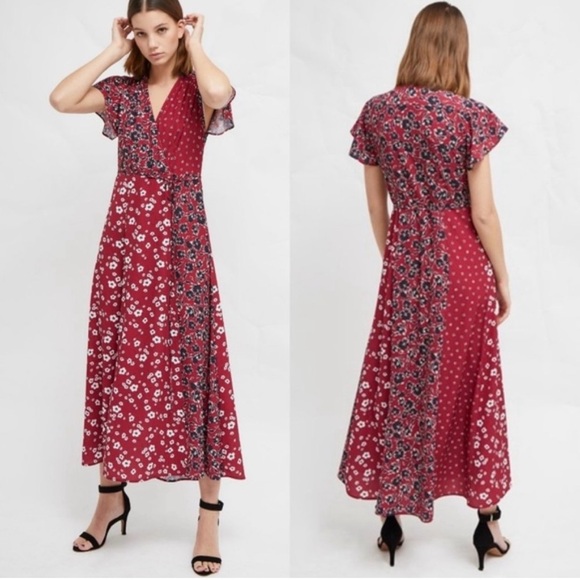 French Connect Aliyah Crepe Mix Floral Maxi Slit Wrap Red Flutter Sleeve Dress 8 - Picture 1 of 9